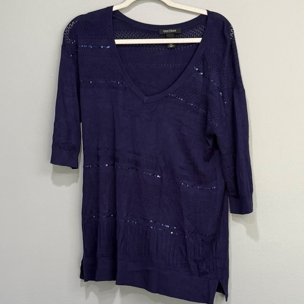 White House Black Market Navy Blue Sequin Pointelle V-Neck Tunic Top Large